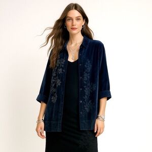 Josephine Chaus Whimsigoth Top 22 W Navy Floral Velvet Burnout Button Boho Shirt